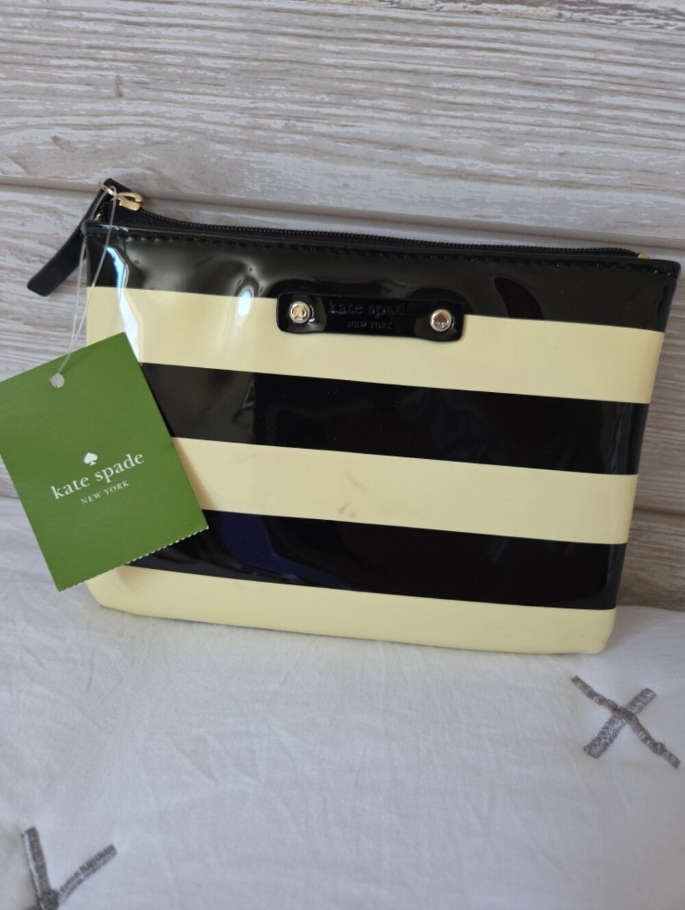 NWT kate spade Black and Cream Stripe Cosmetic Pouch